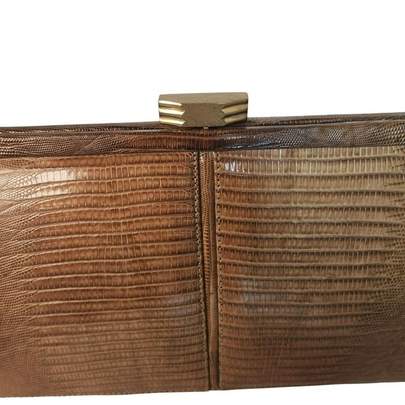 Vintage Palizzio Tegu Lizard Brown Rectangle Frame Closure 1960s Handbag - Picture 10 of 16